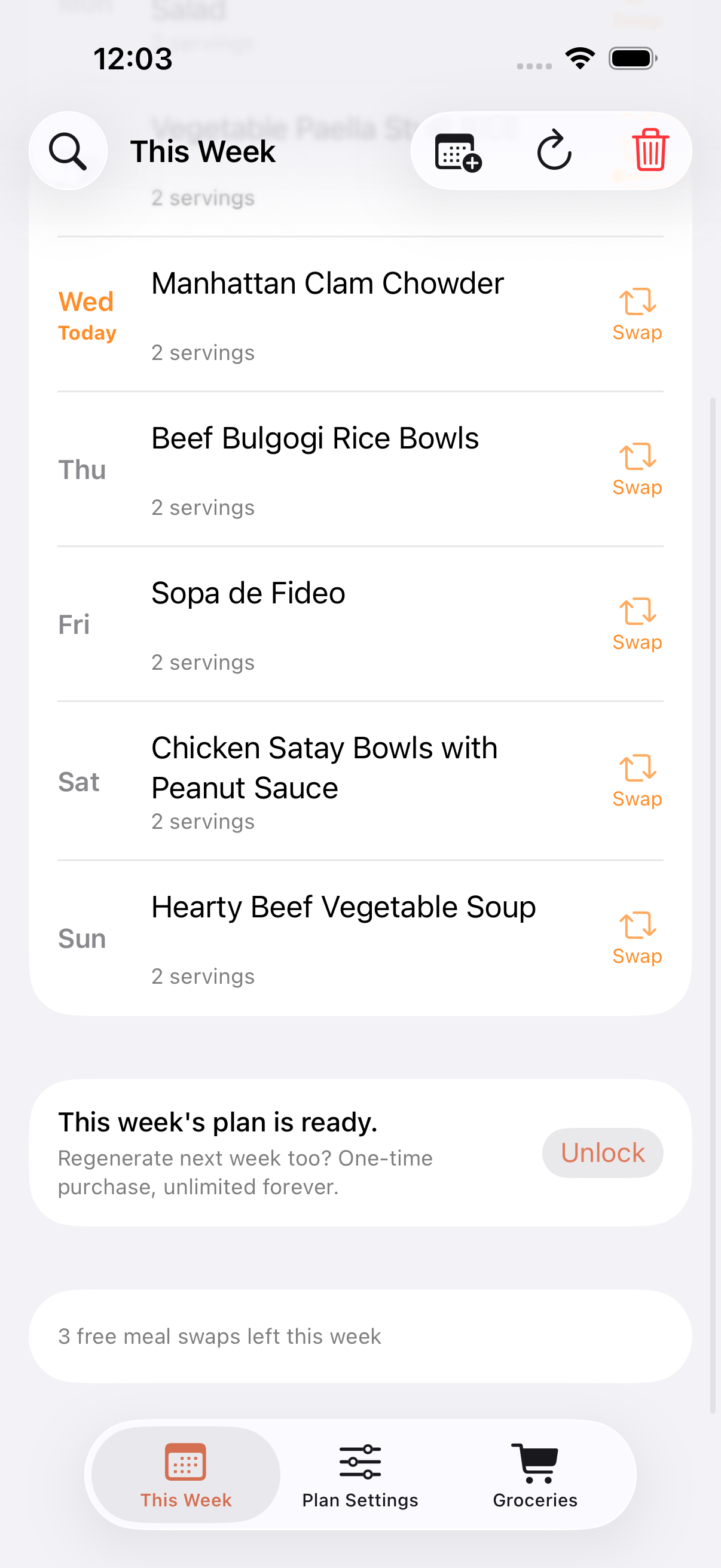 A week of dinners, planned in one tap